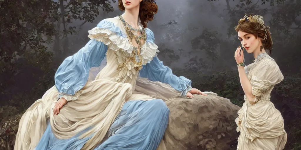 Image similar to lonley lady dressed in a vaporous wrapped large victorian intricate majestic cream roses silk semi-transparent blue and cream dress fashion is running D&D, fantasy, intricate, elegant, highly detailed, digital painting, artstation, concept art, matte, sharp focus, illustration, art by Artgerm and Greg Rutkowski and Alphonse Mucha