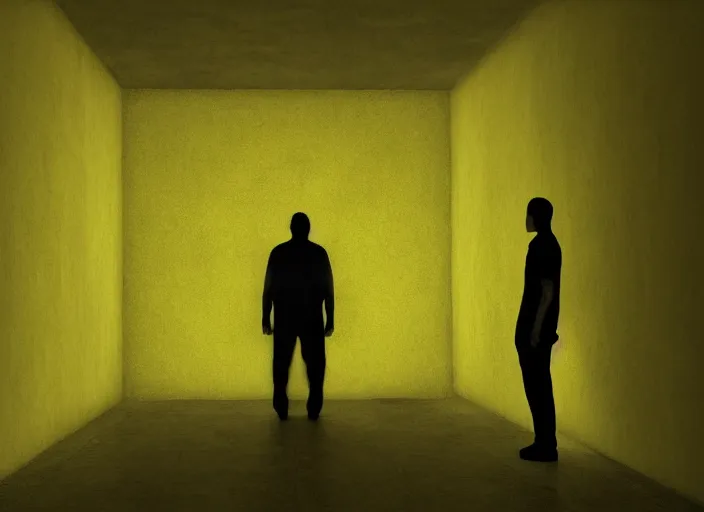 Prompt: man in a luminous yellow [ liminal room ]!!, 4 k photorealism, horror - esque, eerie atmosphere, dark - bright lighting