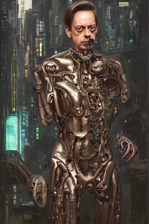 Image similar to wow! 3 / 4 stunning photorealistic portrait of steve buscemi in a kowloon cyberpunk cityscape, biomechanical bodysuit, oppai proportions, acid rain, dark fantasy by artgerm and clay mann and sorayama and alphonse mucha, very realistic, hyperdetailed, trending on artstation, octane render