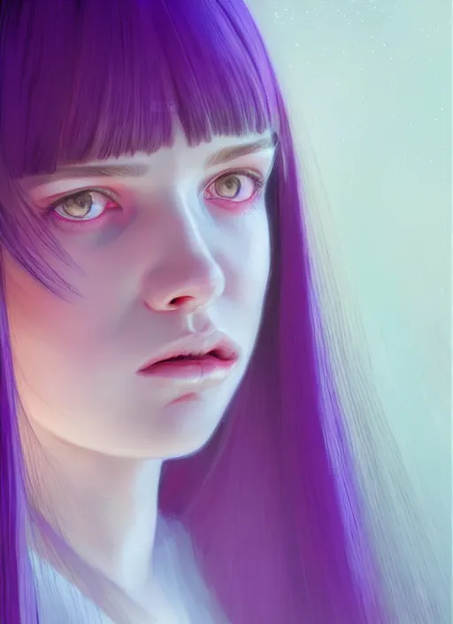 Image similar to hair whitebangs hair, black hair, whitebangs, portrait of teenage girl with white bangs, red irises, purple clothes, white bangs, bangs are different color from hair, intricate, elegant, glowing lights, highly detailed, digital painting, artstation, concept art, smooth, sharp focus, illustration, art by wlop, mars ravelo and greg rutkowski