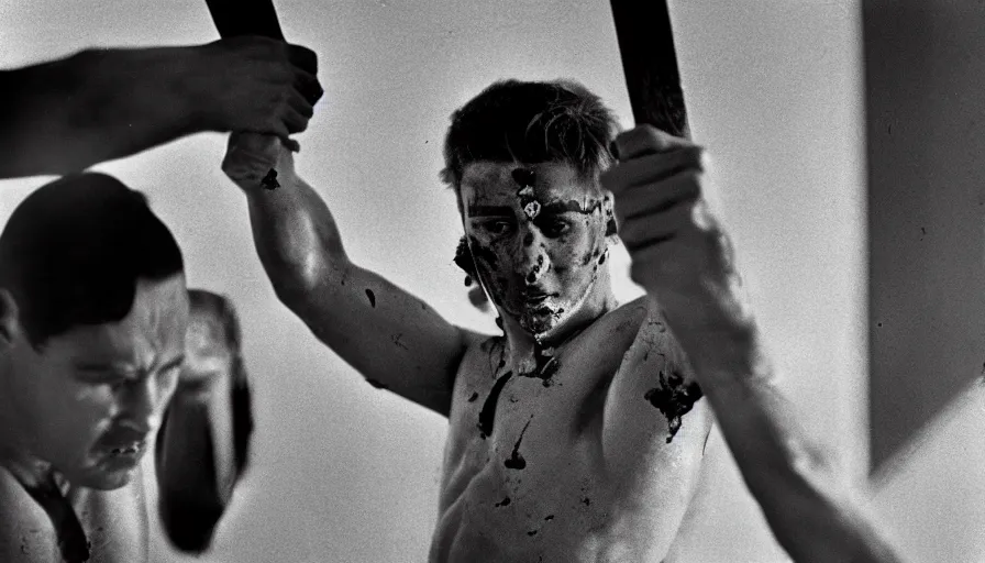 Prompt: 1 9 6 0 s movie still of marcus atilius regulus tied at pole with blood flowing off his eyes, cinestill 8 0 0 t 3 5 mm b & w, high quality, heavy grain, high detail, texture, dramatic light, anamorphic, hyperrealistic, detailed hair