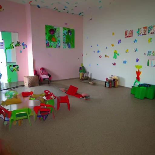 Image similar to childrens daycare indoors limital space, not well litt, creepy photo