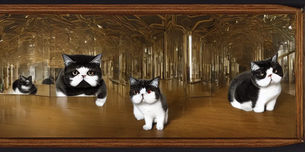 Image similar to an exotic shorthair cat in an infinity room in the style of twin peaks. Mirror, 8k, 1850s, photorealistic
