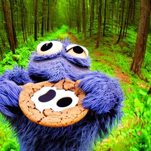 Image similar to Cookie monster caught on a trail cam, trail cam footage, wide angle lens, night vision