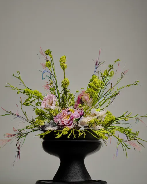 Prompt: lush and detailed, highly beautiful aesthetic award-winning ikebana flower arrangement, blossoms spontaneously shattering and breaking with powder, spray and colored smoke, sigma 35mm f/4