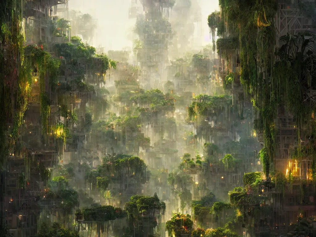 Image similar to the green city of babylon with its wonderful hanging gardens at dawn, intricate, elegant, volumetric lighting, digital painting, highly detailed, artstation, sharp focus, illustration, concept art, ruan jia, steve mccurry