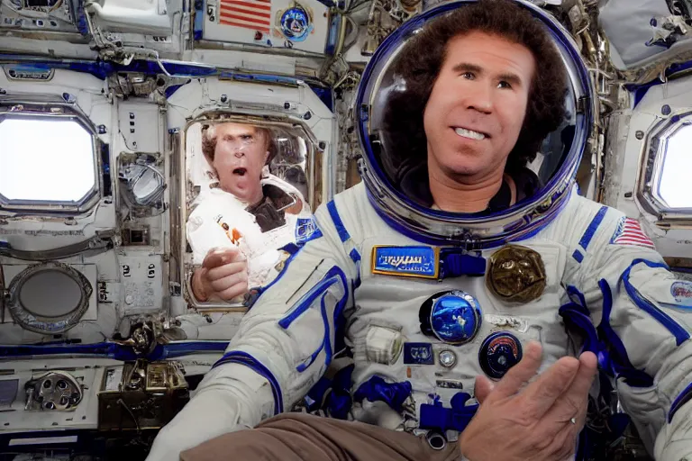 Prompt: 35mm Will Ferrell portrait photo on the international space station, by Emmanuel Lubezki