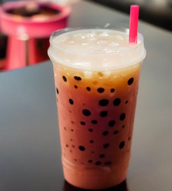 Photorealistic glass containing milk tea and boba