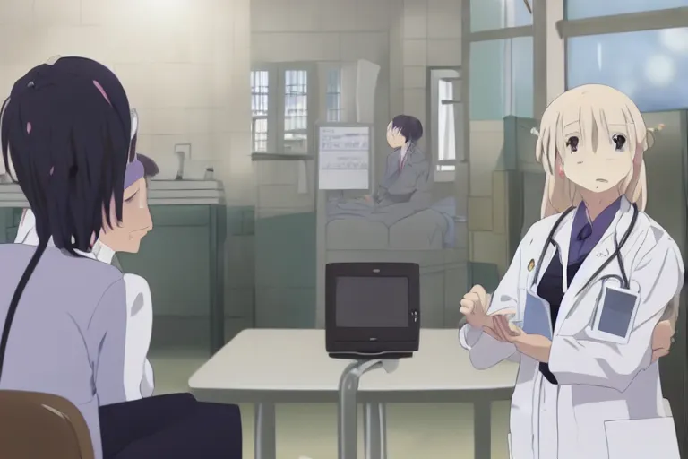 Image similar to a cute and beautiful young female doctor wearing white coat are talking with an old professor in a hospital, slice of life anime, lighting, anime scenery by Makoto shinkai