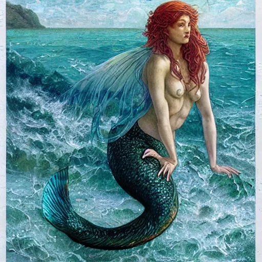 Prompt: beautiful mermaid emerging from the ocean, art by Edgar Maxence and Ross Tran and Michael Whelan