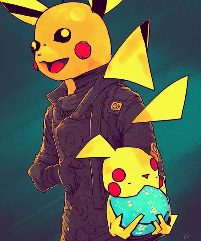 Prompt: a portrait of a cyberpunk pikachu holding a riceball, cyberpunk!, fantasy, elegant, digital painting, artstation, concept art, matte, sharp focus, illustration, art by josan gonzalez