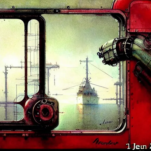 Prompt: ( ( ( ( ( 1 9 5 0 s retro future robot android industrial steam ship window. muted colors. ) ) ) ) ) by jean baptiste monge!!!!!!!!!!!!!!!!!!!!!!!!! chrome red