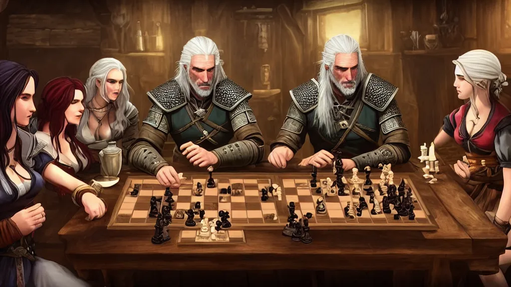 Prompt: Geralt of Rivia, yennefer, triss and Ciri playing chess in a tavern. geralt de rivia and ciri play at a table in the middle of the tavern, pixel art by Gerardo Quiroz, devian art, 4k