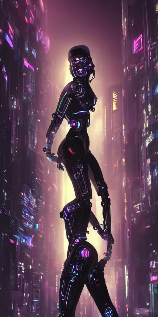 Prompt: beautiful, full-body, young woman, cybernetic, cyberpunk, wires, cables, halo, glow, bladerunner city in the background, detailed gorgeous face, flowing hair, vaporwave aesthetic, synthwave , digital painting, artstation, concept art, smooth, sharp focus, illustration, art by artgerm and greg rutkowski and alphonse mucha
