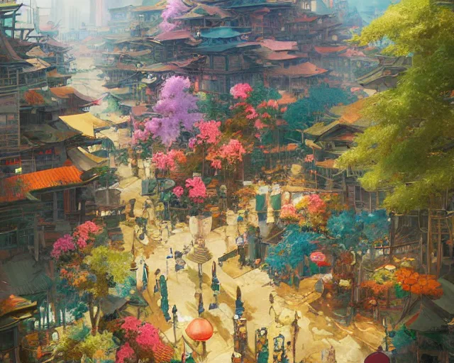 Image similar to great, colorful kitsune city, bamboo, flowers, anime, a fantasy digital painting by Greg Rutkowski and James Gurney, trending on Artstation, highly detailed
