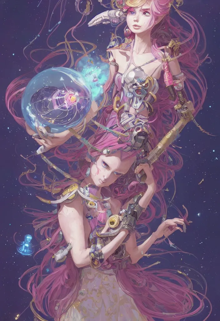 Image similar to full body picture of an maximalist dress magical girl, neat hair with bangs, smug face, extremely beautiful and aesthetic and detailed cute face and eyes, wipe out evils with cute astronaut familiar sprites, aming the magical beams to the camera, chiaroscuro, intricate, masterpiece, epic fantasy illustrations by peter mohrbacher and anato finnstark and jeremy lipking