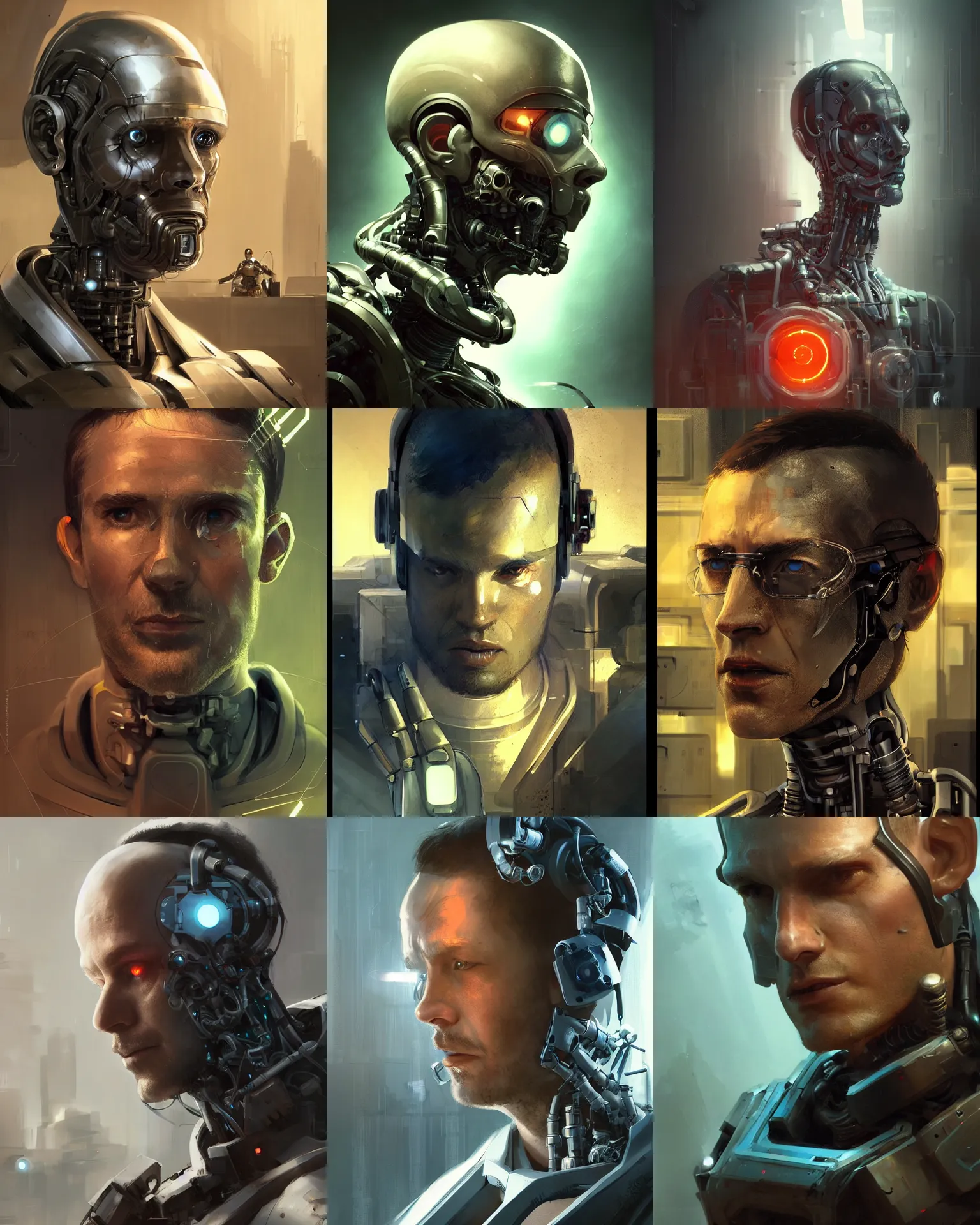 Prompt: a laboratory operator man with cybernetic enhancements seen from the chest up, halfbody headshot, scifi character portrait by greg rutkowski, craig mullins, daytoner, cinematic lighting, dystopian scifi gear, profile picture, mechanical, cyborg, half robot