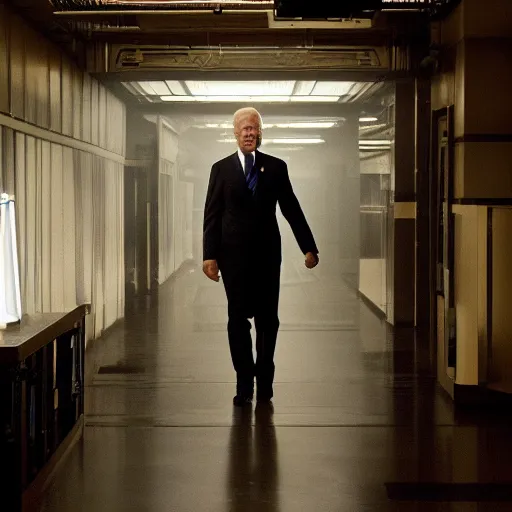 Image similar to Joe Biden as a Jedi knight, standing in a spaceship corridor. He has a blue lightsaber in his hand, and the light from it illuminates the scene. Industrial light and magic. Filmic. Heavy atmosphere. Photorealism.