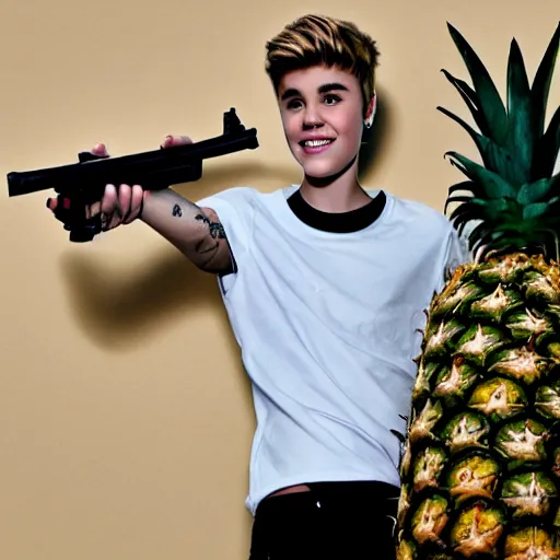 Image similar to justin bieber with a gun next to a pineapple