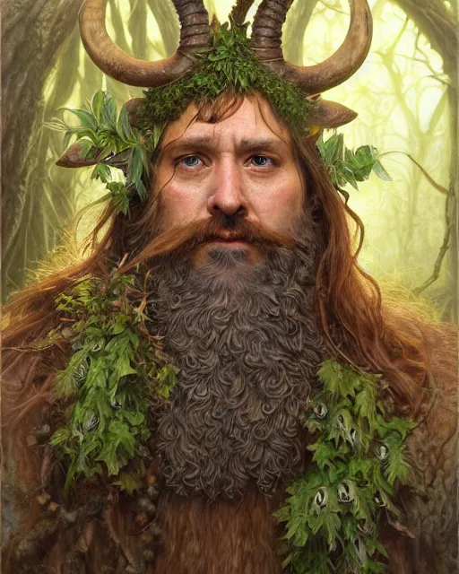 Image similar to forest druid with ram horns and leaves in his beard | highly detailed | very intricate | symmetrical | cinematic lighting | award - winning | closeup portrait | painted by donato giancola and mandy jurgens and brian froud | featured on artstation