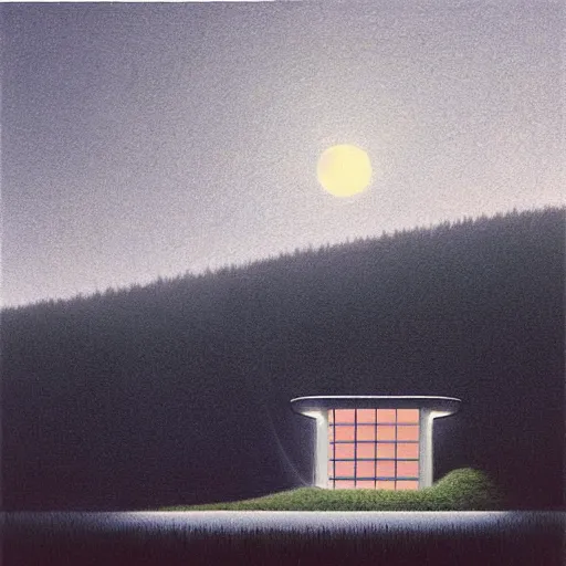 Image similar to painting by by Quint Buchholz, atmospheric cozy futuristic organic white concrete house in the middle of a lush and dense forest at night, a beautiful lake next to it, night time, night sky, starry night sky, by Quint Buchholz