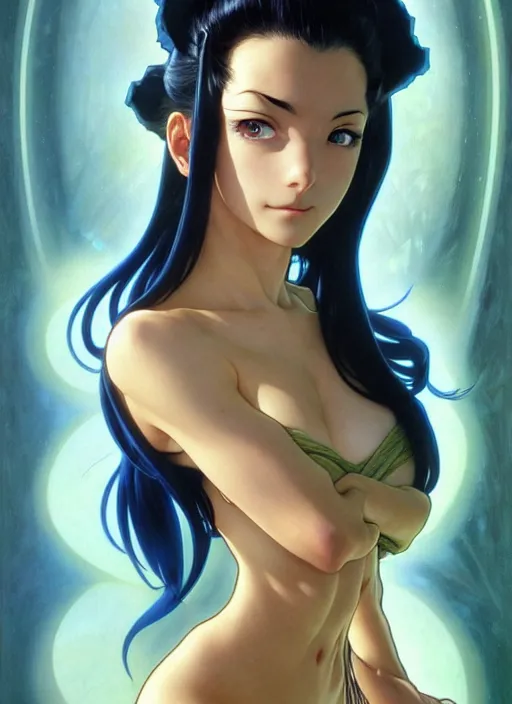 Image similar to highly detailed vfx portrait of nico robin by eiichiro oda!, makoto shinkai, alphonse mucha, masterpriece, art by artgerm and greg rutkowski!, blue eyes!!, large aquiline nose!!, gaston bussiere, stanley kubrick, kaoru mori, intricately detailed, behance, 4 k, hdr