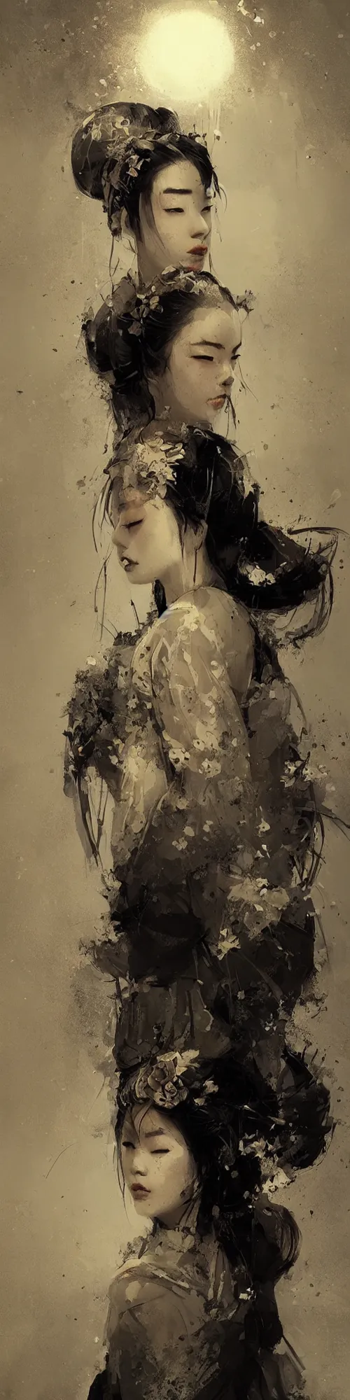 Image similar to female geisha girl, beautiful face, rule of thirds, intricate outfit, spotlight, by greg rutkowski, by jeremy mann