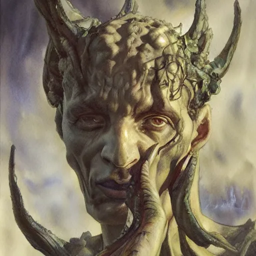 Image similar to Roguish Picaro Dsurion stands at the gates of Hades Hand Crafted By Rodin. Painting by Donato Giancola Jeff Simpson stamp watercolor