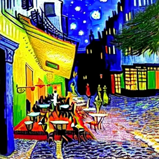 Prompt: Photo of Cafe Terrace at night by Vincent Van Gogh