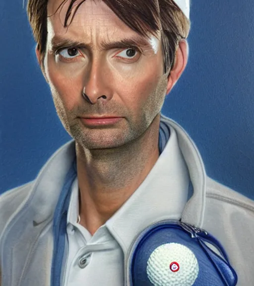 Image similar to medium shot portrait of david tennant as a golfer, white cap, beige and blue overstich, very detailed eyes, hyperrealistic, very detailed painting by Glenn Fabry, by Joao_Ruas