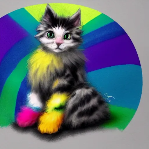 Image similar to wide angle full body, of a fluffy cute rainbow kitten wearing a black motorcycle jacket, concept art