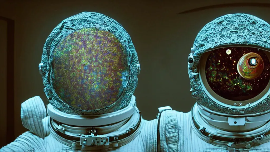 Image similar to a single astronaut eva suit covered in diamond 3d fractal lace iridescent bubble 3d skin and covered with insectoid compound eye camera lenses floats through the living room, film still from the movie directed by Denis Villeneuve with art direction by Salvador Dalí, wide lens,