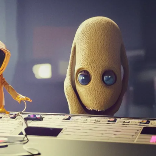 Image similar to cinematic film still of Pharrell Williams Making A Beat with an anthropomorphic alien, Japanese VFX, 2018, 400mm lens, f1.8, shallow depth of field,film photography