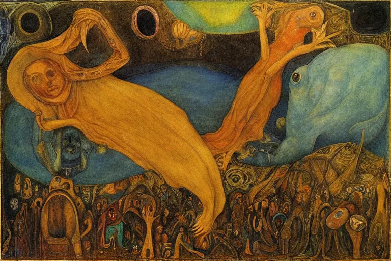 Image similar to the wake of the unseen object,by Leonora Carrington and ford madox brown, symbolist, dramatic lighting, elaborate geometric ornament, cool blue and green colors, Art Brut, smooth, sharp focus, extremely detailed