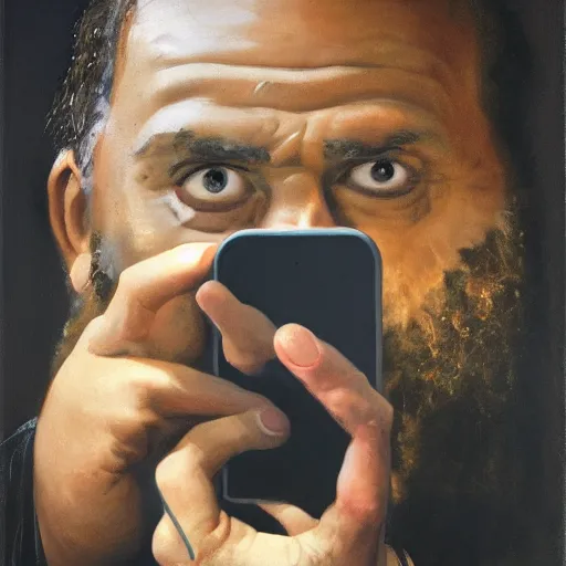 Image similar to caveman holding iphone, portrait