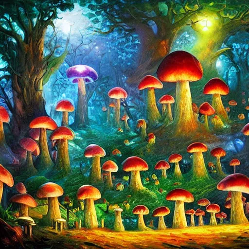 Image similar to mushroom village located deep in a forest, bioluminescent, art by james christensen, rob gonsalves, paul lehr, leonid afremov and tim white