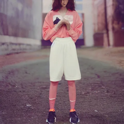 Image similar to realistic! photoshoot for a new nike lookbook, color film photography, portrait of a beautiful woman, in style of petra collins, 35mm