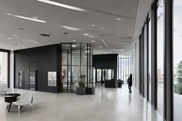 Image similar to a beautiful office building lobby with sleek modern design by gensler and large windows