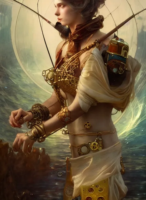 Image similar to hyper realistic fisherman, magical, gems, jewels, gold, steampunk, cyberpunk utopia, painted by tom bagshaw, mucha, gaston bussiere, craig mullins, j. c. leyendecker 8 k