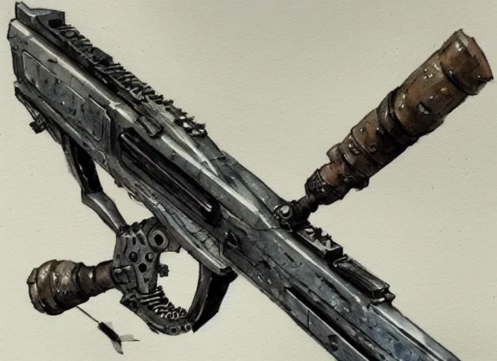 Image similar to concept art of a rifle futuristic weapon, fantasy, steampunk, pinterest, artstation trending, behance, watercolor, by coby whitmore, silver, laser light,