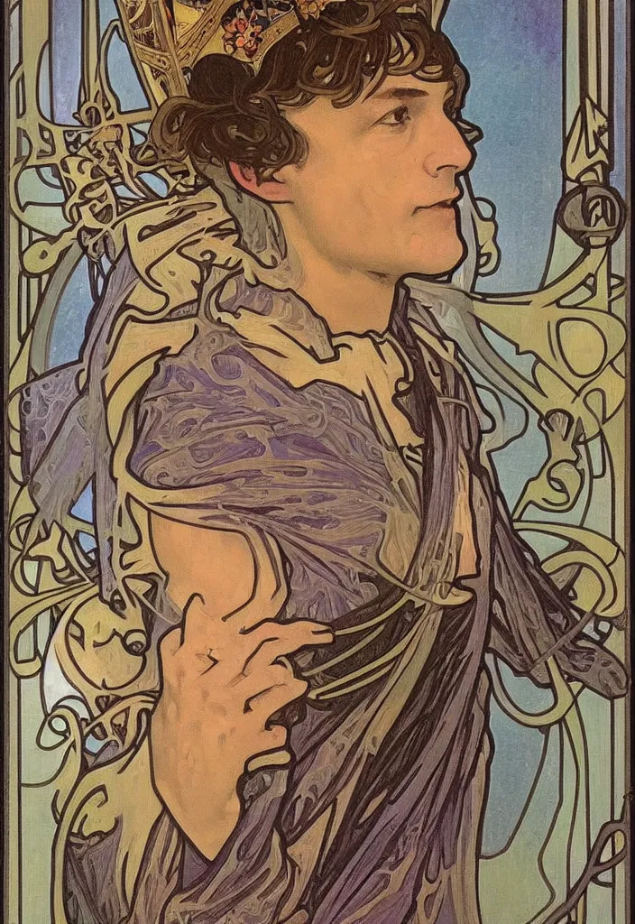 Image similar to geoffrey hinton in a crown on a tarot card, tarot in art style by alphonse mucha