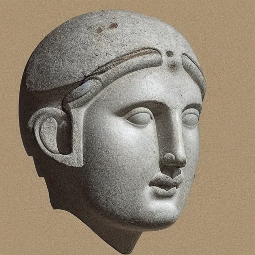 Prompt: minimalist drawing of an ancient greek head made of marble, of which a piece is missing but replaced by a polygonal futuristic reconstruction