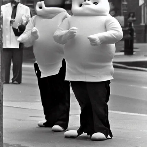 Prompt: Pillsbury doughboy 1960s street performers