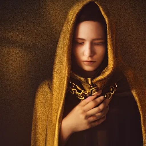 Prompt: a portrait of a young woman wearing a long dark cloak, hood and shadows covering face, holding golden chains, oil painting, Volumetric Golden dappled dynamic lighting, Highly Detailed, Cinematic Lighting, Unreal Engine, 8k, HD