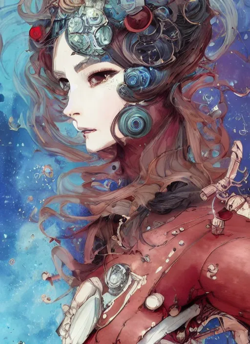 Prompt: highly detailed portrait of a beautiful automaton lady with blue wavy hair, by dustin nguyen, akihiko yoshida, greg tocchini, greg rutkowski, by kaethe butcher, 4 k resolution, nier : automata inspired, bravely default inspired, vibrant but dreary but upflifting red, colourful colour scheme!!! ( ( space nebula background ) )