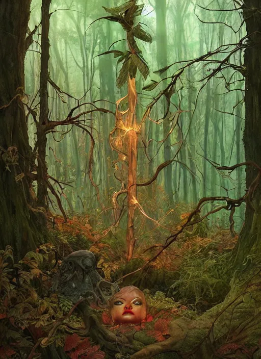 Image similar to a hyper realistic witch shrine in the woods gorgeous lighting, lush forest foliage painting by chiara bautista and beksinski and norman rockwell and greg rutkowski weta studio, and lucasfilm