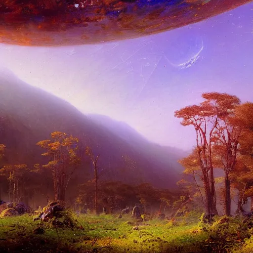 Image similar to A lovely picture of an alien landscape with mycelium aliens by John Berkey, by George Inness, by john Harris, forest made out of mushroom, purple and red and white gradient colour theme, trending on DeviantArt, rendered in blender, 8k resolution, Mountains, no green