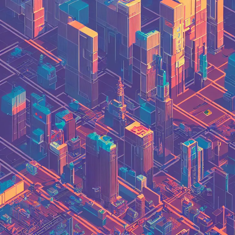 Image similar to isometric view illustration of a Cyberpunk Moscow, highly detailed, by James Gilleard and Bruce Pennington