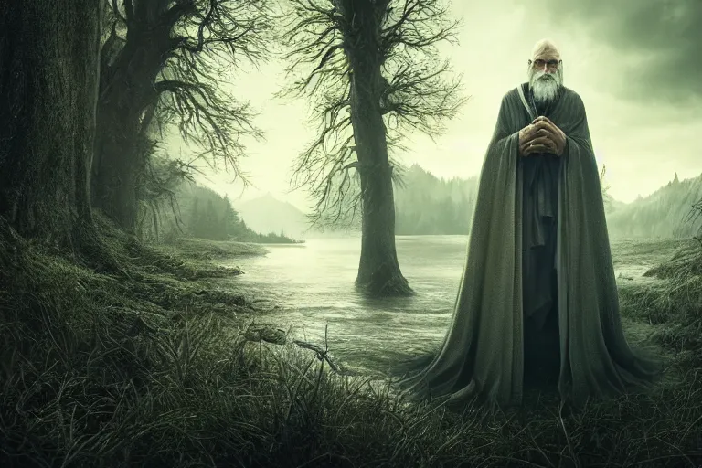 Prompt: an ultra realistic cinematic headshot portrait of an evil wizard, background of a vast serene landscape with trees and rivers, detailed, deep focus, movie still, dramatic lighting, ray tracing, by michal karcz and yoshitaka amano