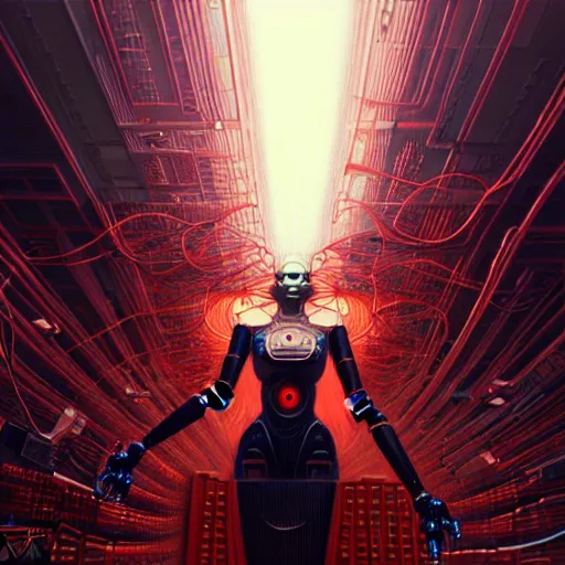 Image similar to low angle shot of a cyberpunk robot character surrounded by red computer wires, intricate, elegant, highly detailed, centered, digital painting, artstation, concept art, smooth, sharp focus, illustration, artgerm, Tomasz Alen Kopera, Peter Mohrbacher, donato giancola, Joseph Christian Leyendecker, WLOP, Boris Vallejo